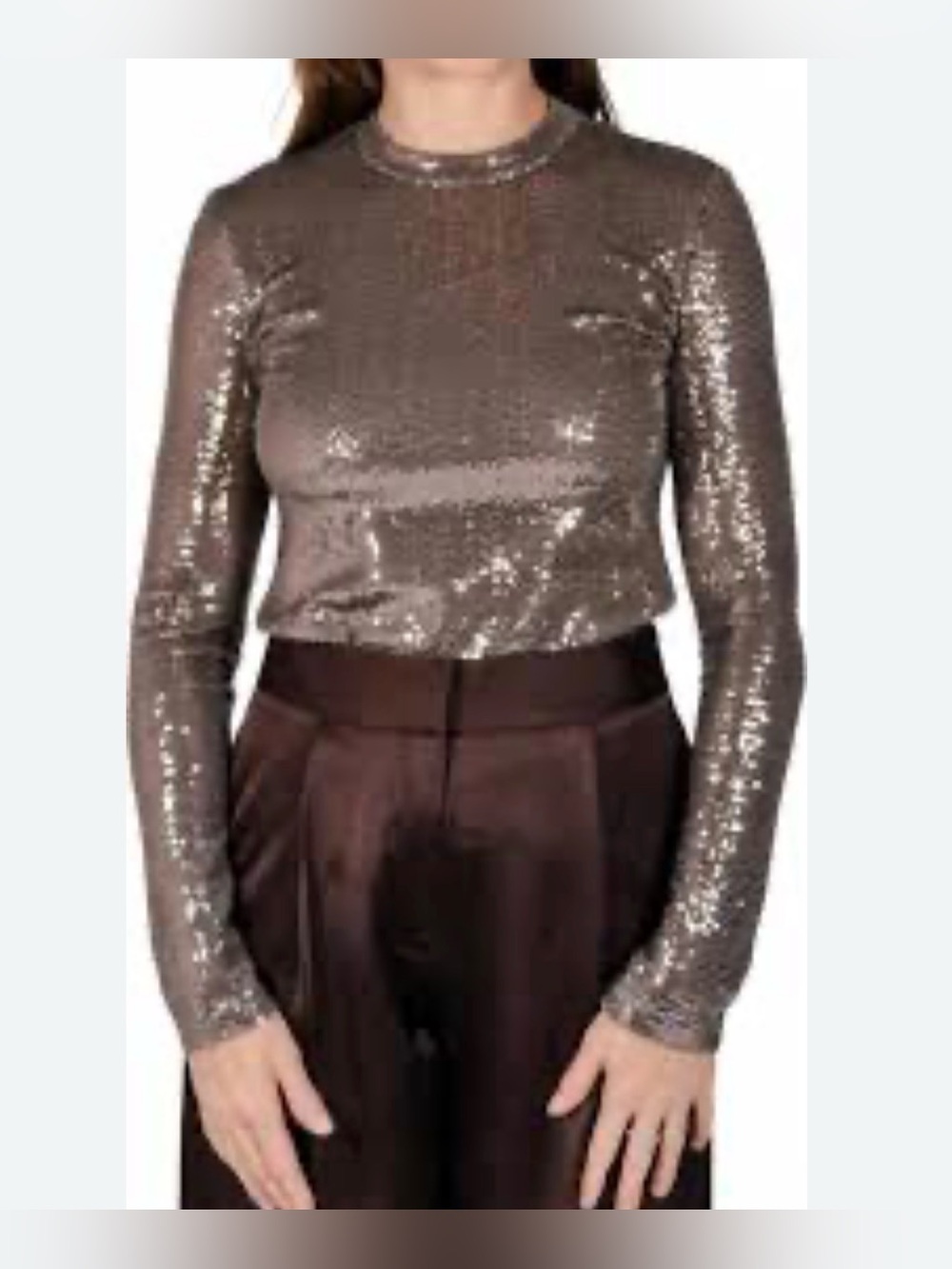 Secular Flora Fitted Crewneck Sequined Long-Sleeve Top in Bronze small